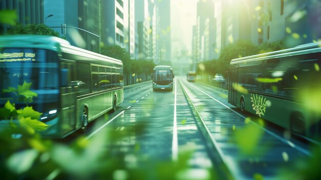 Photo futuristic city with green buses on a sunlit road surrounded by greenery