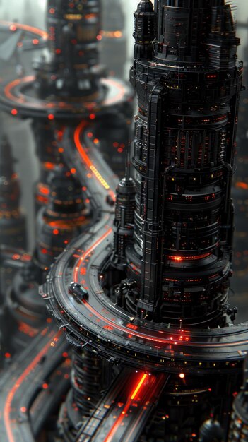 Photo a futuristic city with illuminated roads winding around tall complex structures