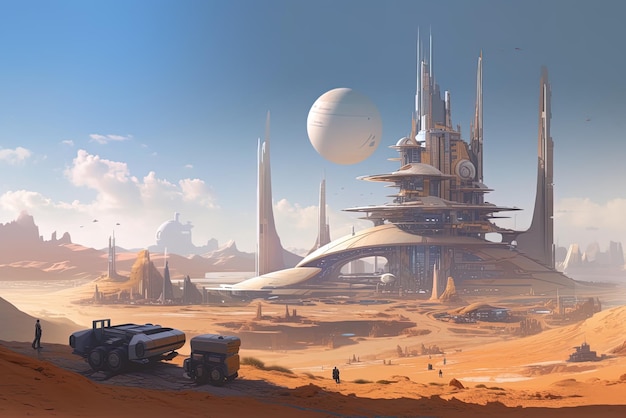 A futuristic city with a large building in the background