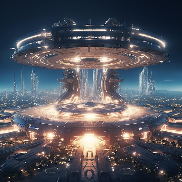 Futuristic city with a large circular structure in the middle of it generative ai