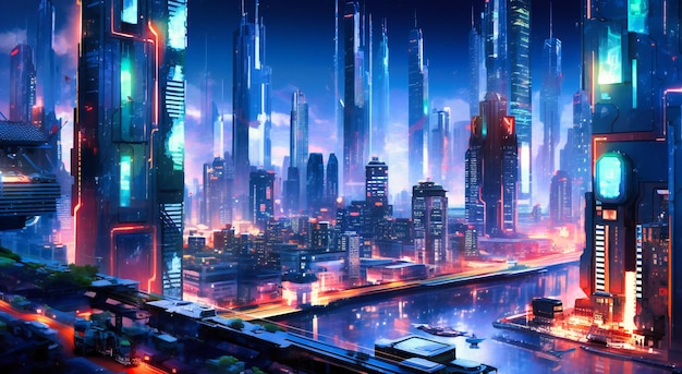 A futuristic city with lights near buildings