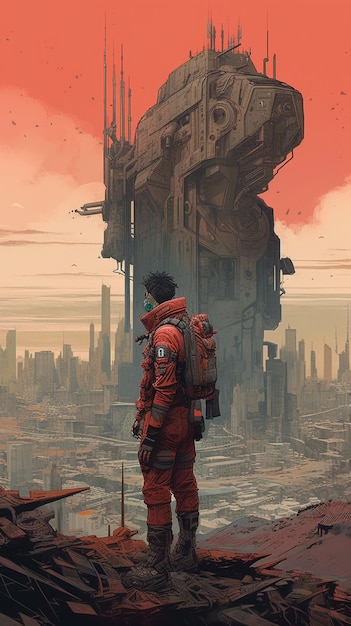 Futuristic city with a man in a red space suit standing on a cliff generative ai