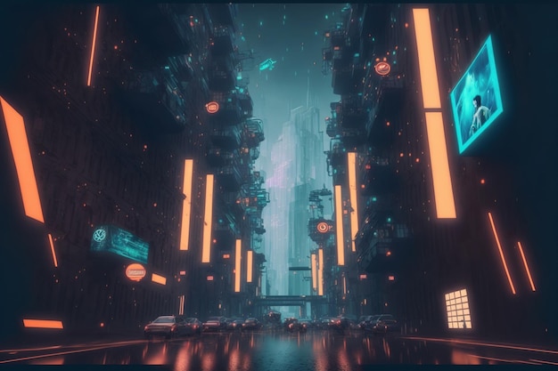 Futuristic city with neon light illuminated the fictional city street