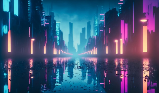 Futuristic city with neon light of pink and blue illuminated city street