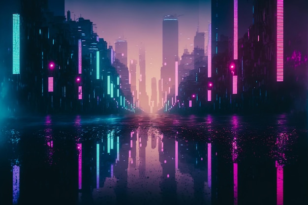 Futuristic city with neon light of pink and blue illuminated city street