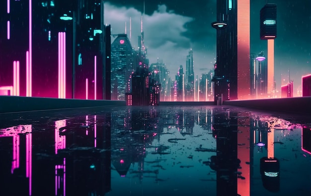 Futuristic city with neon light of pink and blue illuminated city street