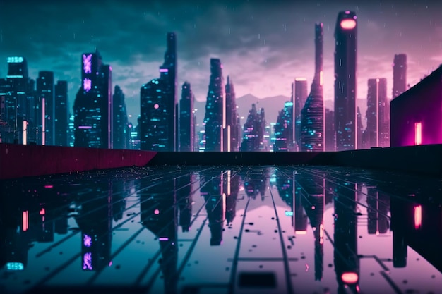 Futuristic city with neon light of pink and blue illuminated city street