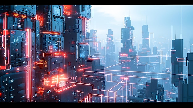 Futuristic city with neon lights and a futuristic skyscraper