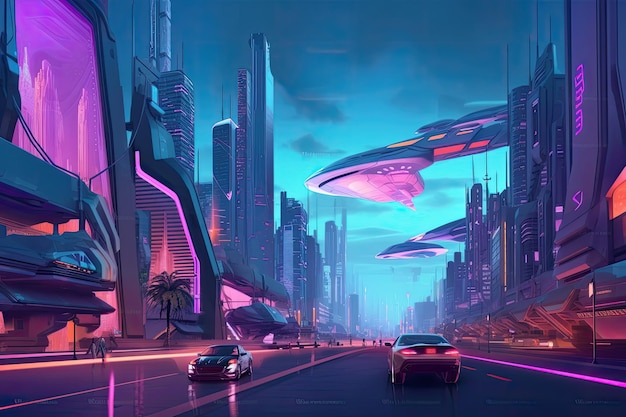 Futuristic city with neon lights Generative AI