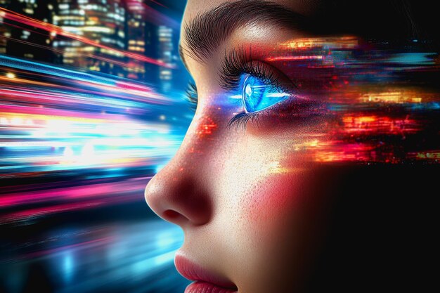 Futuristic city with neon lights racing cars and womans glowing blue eyes in motion