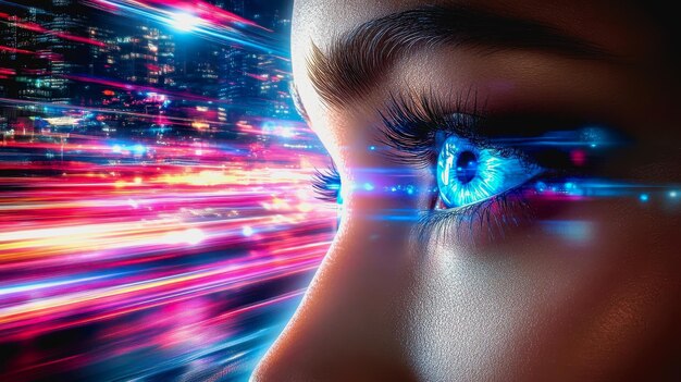 Futuristic city with neon lights racing cars and womans glowing blue eyes in motion