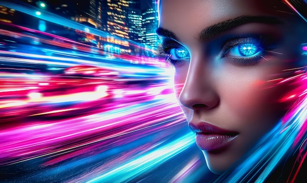 Futuristic city with neon lights racing cars and womans glowing blue eyes in motion