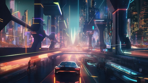 A futuristic city with a neon sign that says'cyberpunk'on it