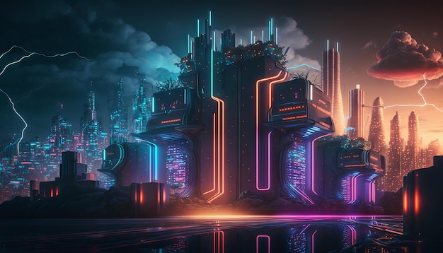 Futuristic city with neon signs Generative AI Neon lights