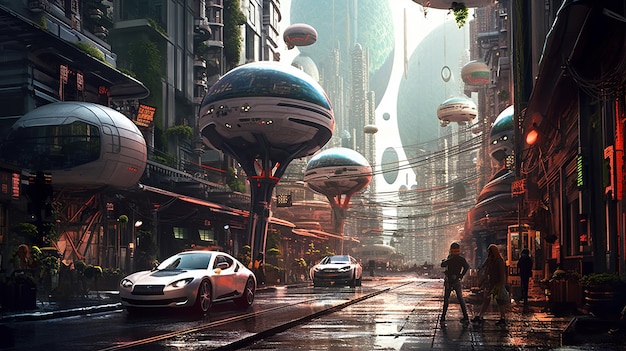 Futuristic city with people walking on the street