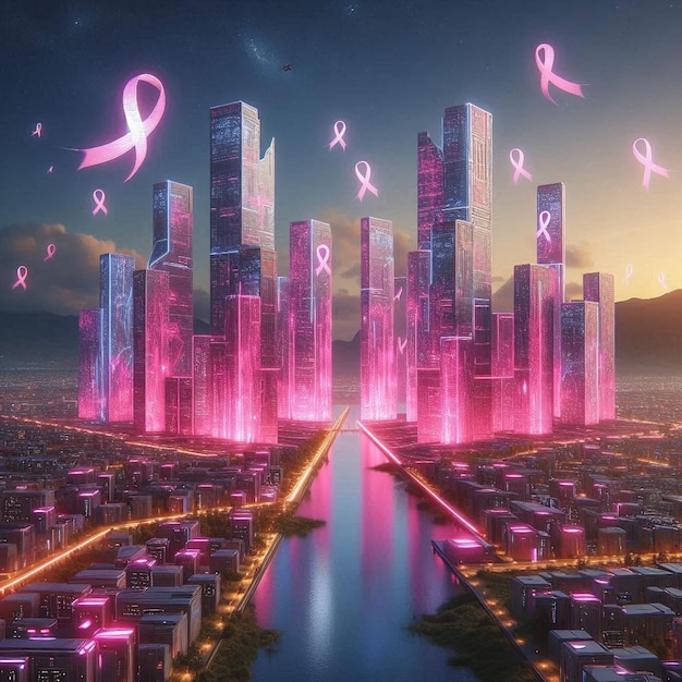 Futuristic city with a pink ribbon in the city