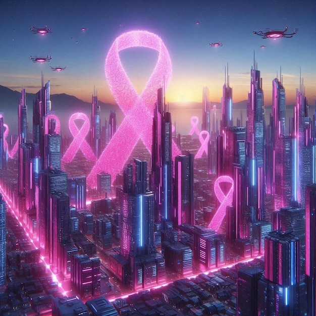 Futuristic city with a pink ribbon in the city