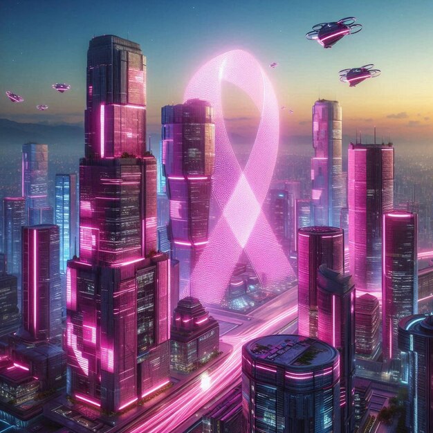 Futuristic city with a pink ribbon in the city