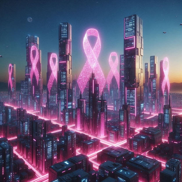 Futuristic city with a pink ribbon in the city