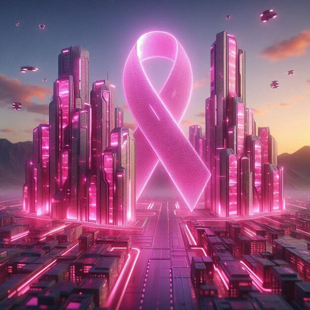 Futuristic city with a pink ribbon in the city