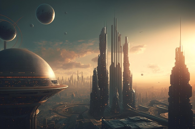 A futuristic city with a planet in the middle ai generated artwork