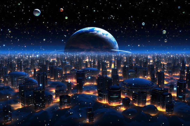 Futuristic city with planet and stars in space