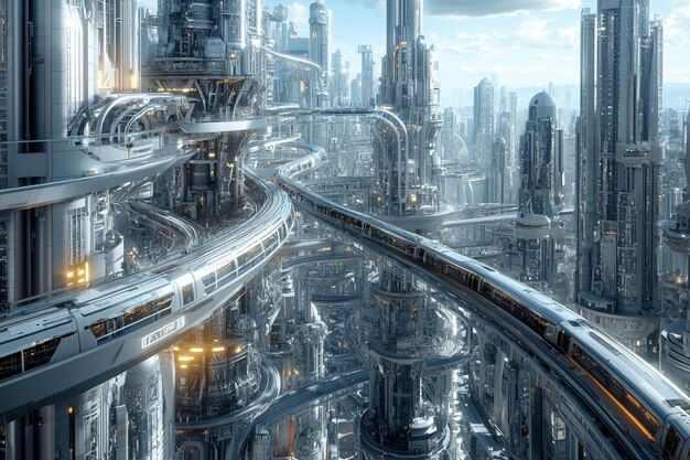 Photo a futuristic city with a road that has a train on it