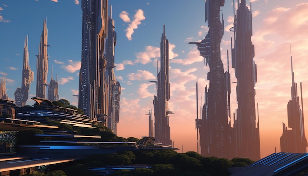 A futuristic city with a sky background