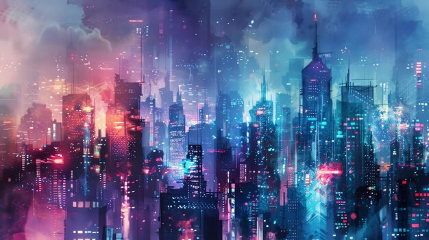 A futuristic city with skyscrapers and glowing lights