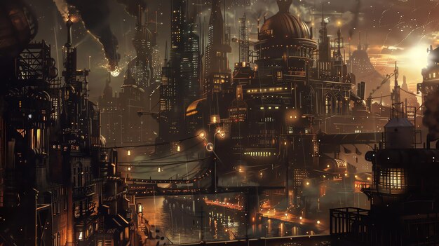 A futuristic city with steampowered machinery bridges and a river