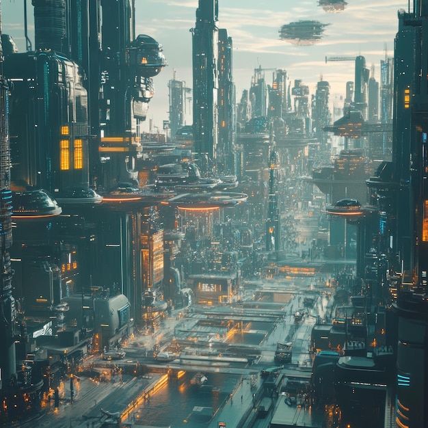 Photo futuristic city with tall buildings flying vehicles and a hazy atmosphere