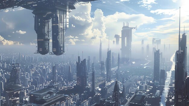 Photo futuristic city with tall skyscrapers and floating buildings