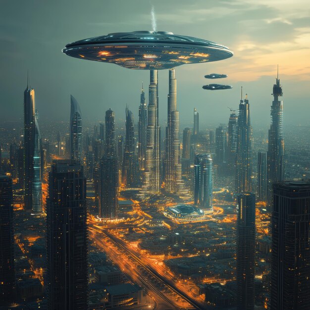 Photo a futuristic city with a ufo and a city in the background