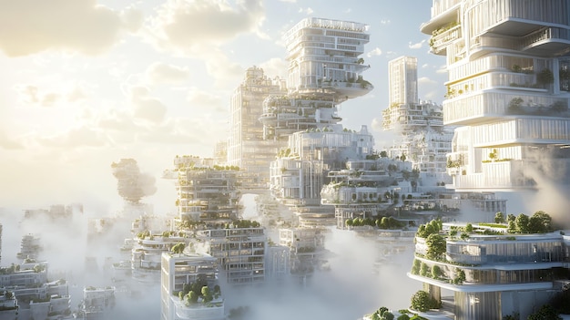 Photo futuristic city with white skyscrapers and green spaces above the clouds