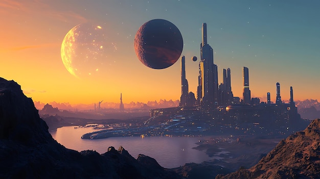 Photo a futuristic cityscape on an alien planet at sunset showcasing towering structures and planets