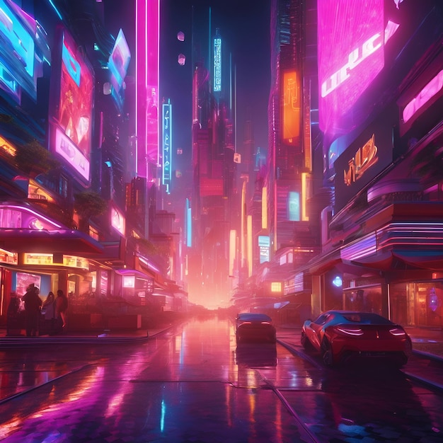 A futuristic cityscape bathed in the glow of neon lights and holographic advertisements