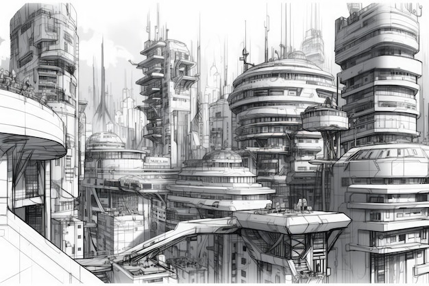 Futuristic cityscape in black and white created with Generative AI technology