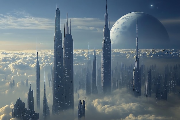 Futuristic cityscape above clouds with towering structures and a large planet in the background