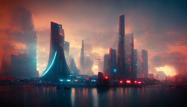 Futuristic cityscape dreamy cloudy sky evening