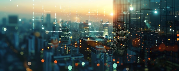 Futuristic cityscape at dusk with digital data overlays representing technology innovation and smart