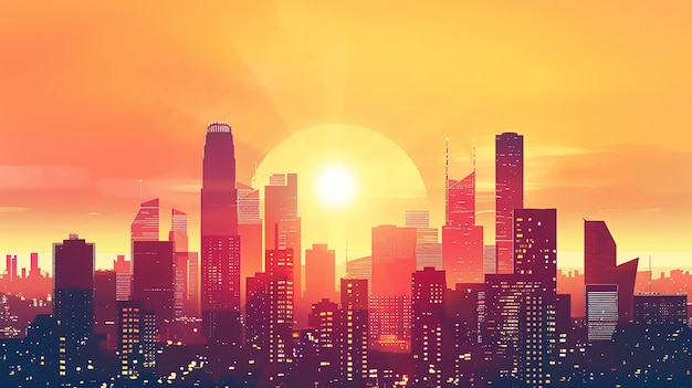 Futuristic Cityscape at Dusk with Vibrant Skyline and Skyscrapers Digital artwork of a modern city