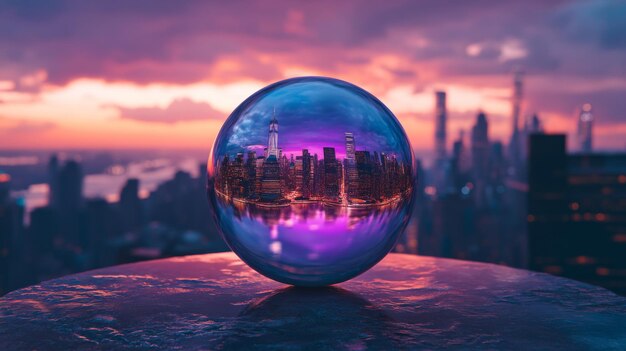 Photo futuristic cityscape encapsulated in crystal ball