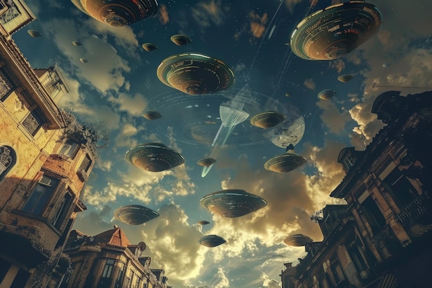 A futuristic cityscape featuring hovering UFOs against a dramatic sky during sunset creating a scifi atmosphere