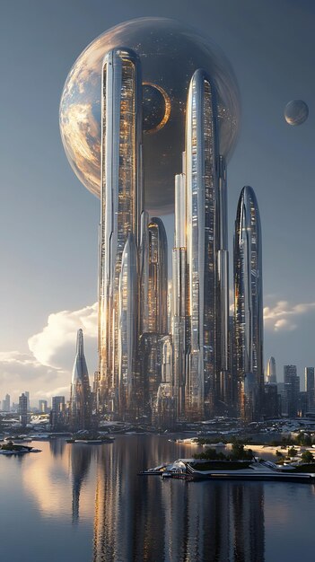 A futuristic cityscape featuring sleek skyscrapers and a large celestial body above