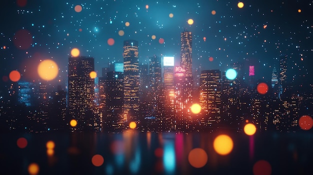 A futuristic cityscape illuminated by glowing lights and surrounded by abstract particles at night