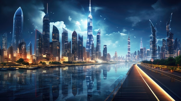 Futuristic cityscape illuminated by renewable energy sources Created with Generative AI technology