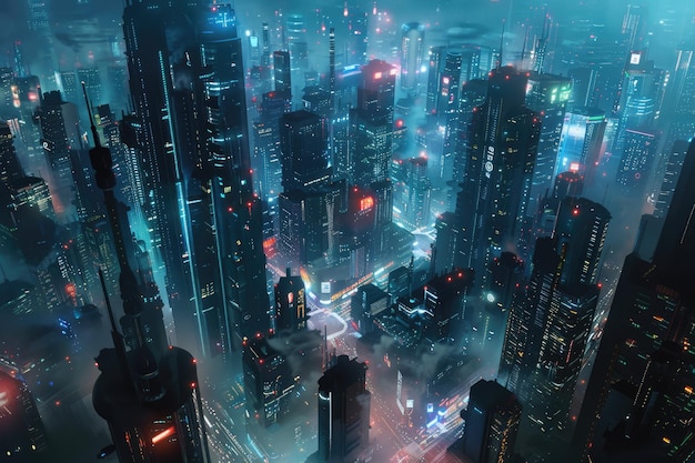 A futuristic cityscape illuminated at night highlighting advanced technology and design