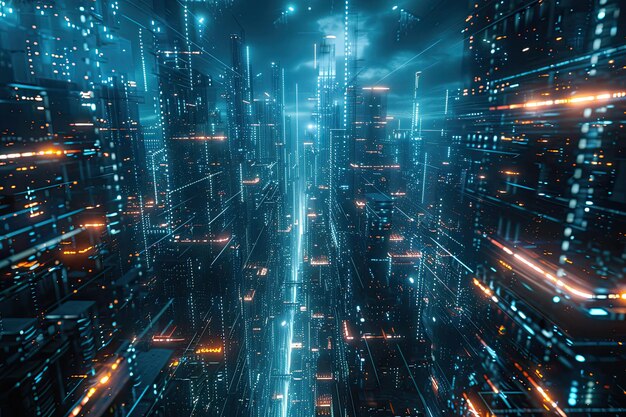 Futuristic cityscape immersed in a digital data stream