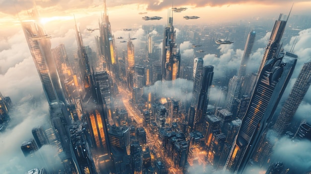 Futuristic Cityscape Interconnected Skyscrapers Flying Cars 1