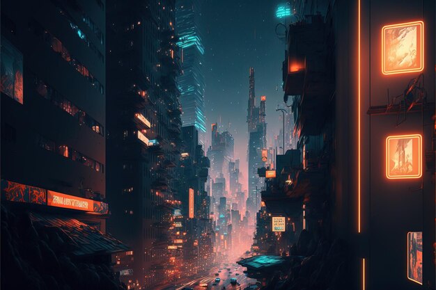 Futuristic cityscape in night time with neon light background